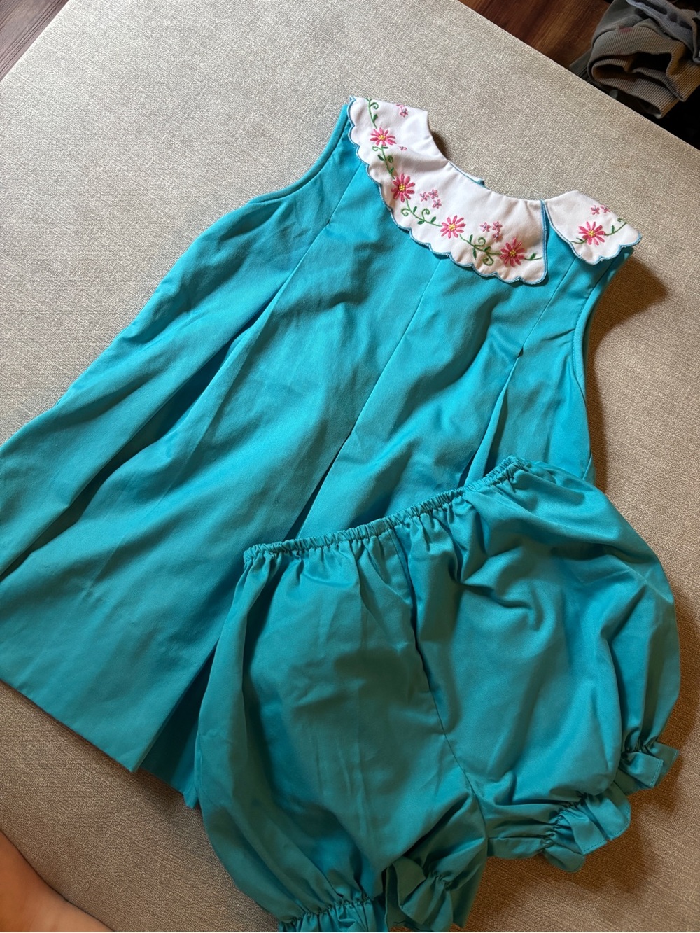 Girls' Teal Embroidered Collar Dress with Blooming Bloomer Set